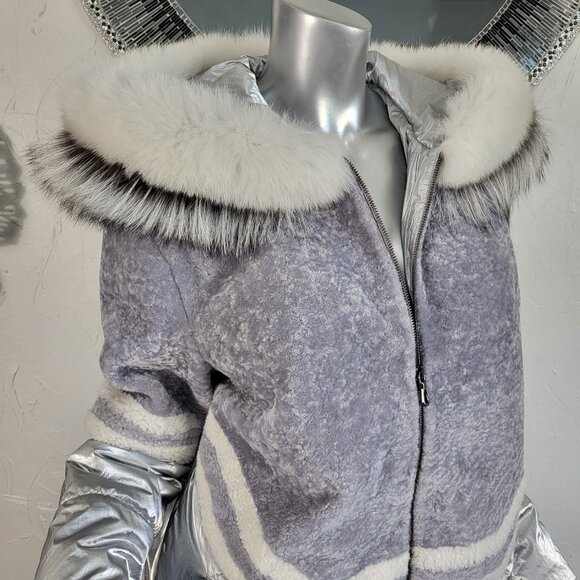 MITCHIE'S~M/L~SILVER GRAY GENUINE SHEARLING REAL FOX FUR HOODED PARKA COAT - Picture 5 of 16